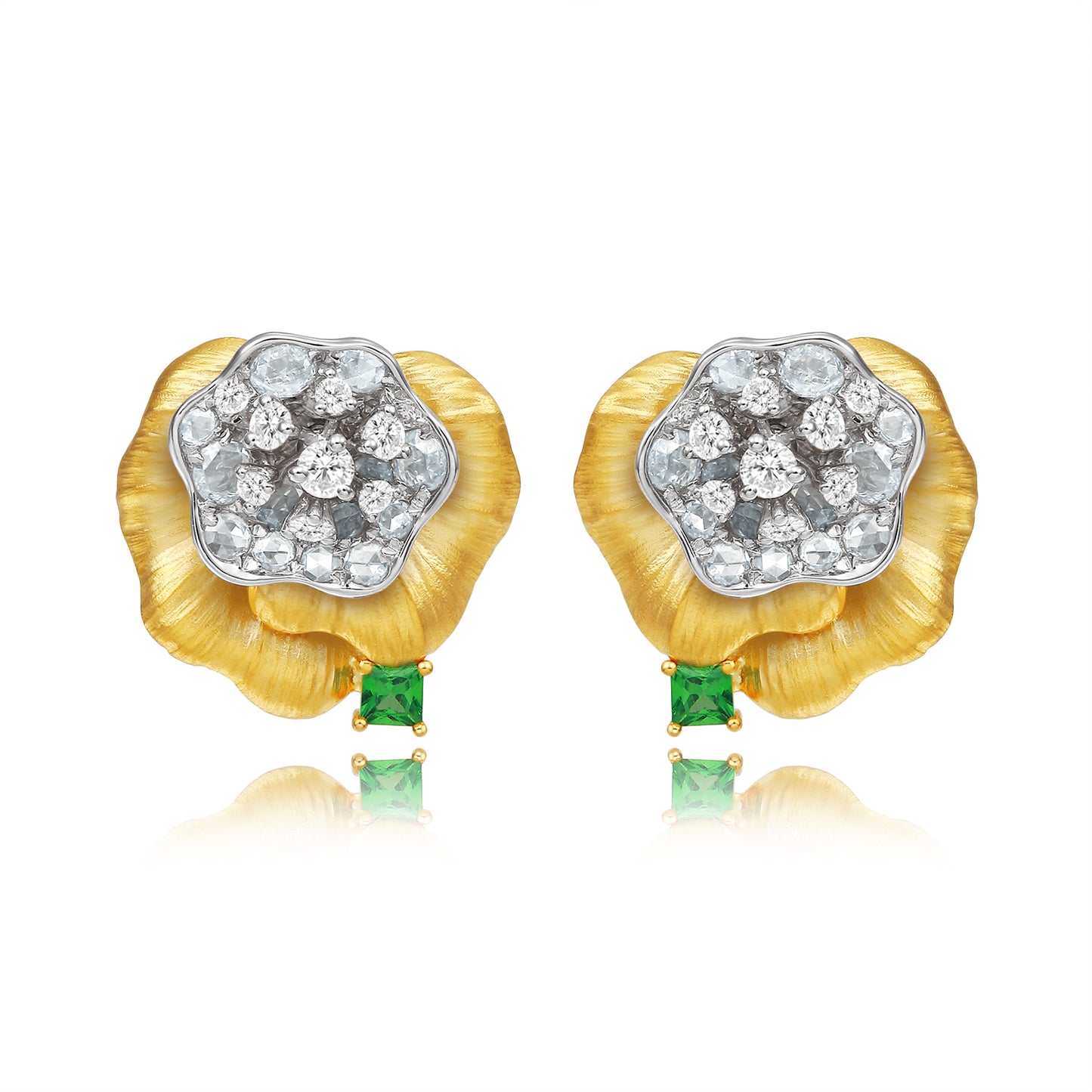 18K Yellow Gold Hibiscus Flower Designer Diamond Earrings