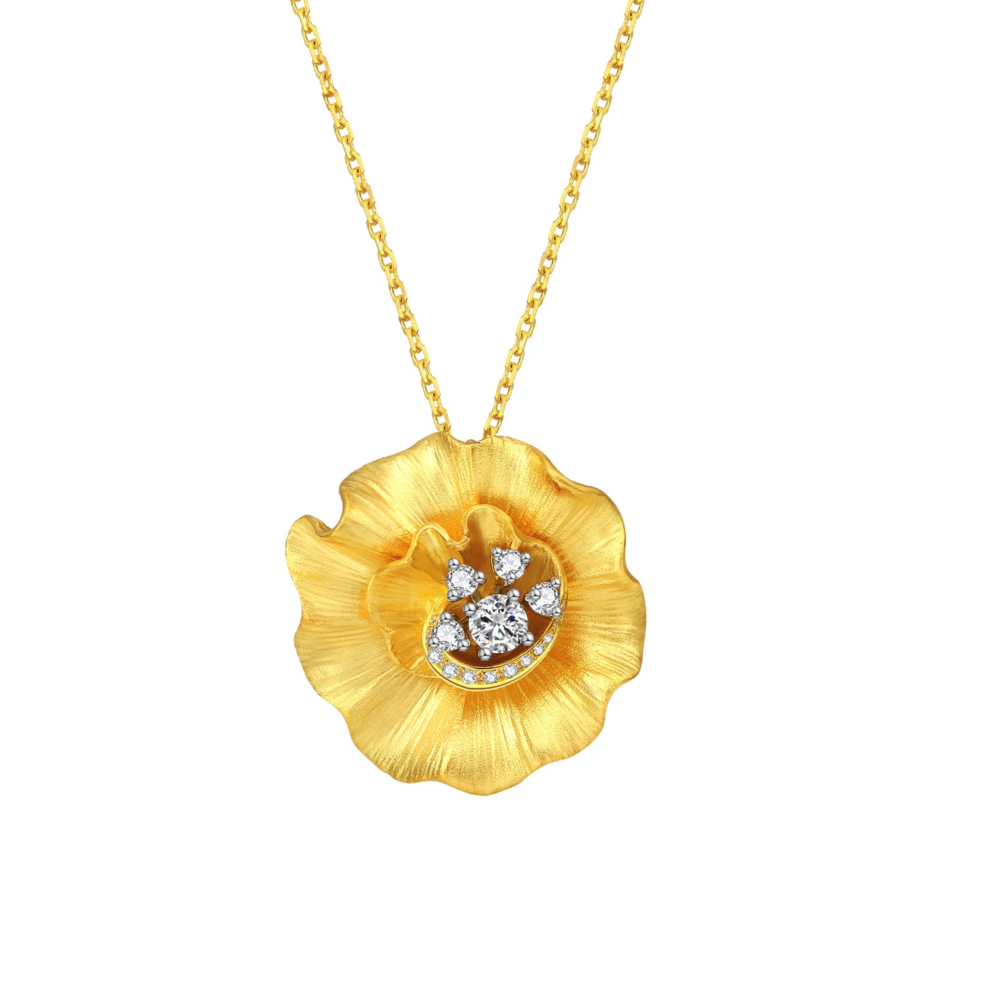 18K Yellow Gold Hibiscus Flower Designer Diamond Necklace
