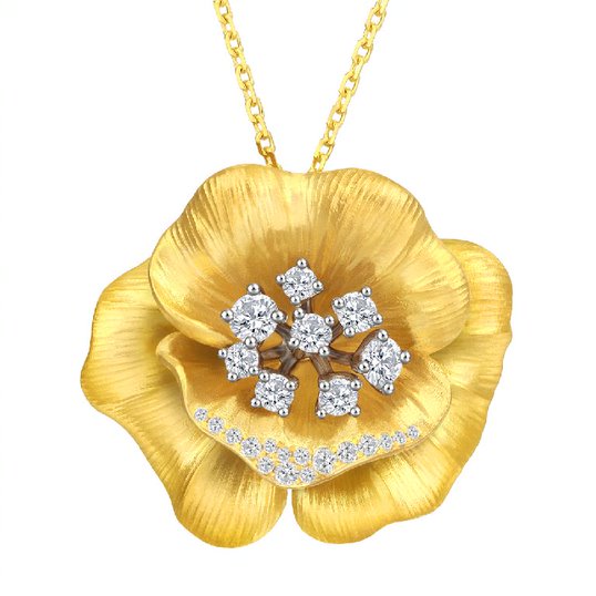 18K Yellow Gold Hibiscus Flower Designer Diamond Necklace