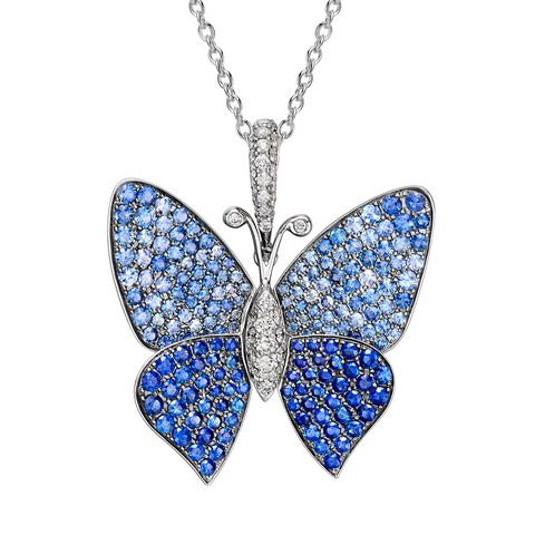 18K White Gold Diamonds & Blue Sapphires Butterfly Pendant