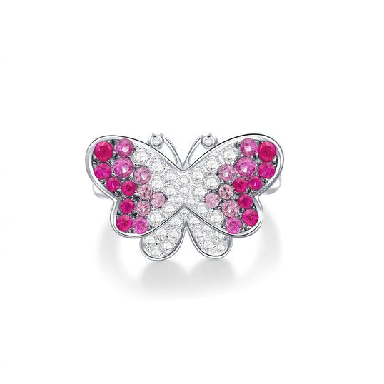 18K White Gold Diamond & Ruby Butterfly Ring