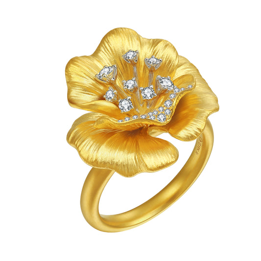 18K Yellow Gold Hibiscus Flower Designer Diamond Ring