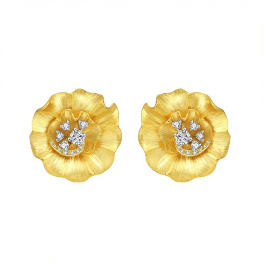 18K Yellow Gold Hibiscus Flower Designer Diamond  Earrings