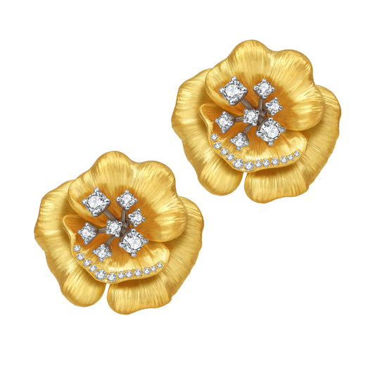 18K Yellow Gold Hibiscus Flower Designer Diamond  Earrings