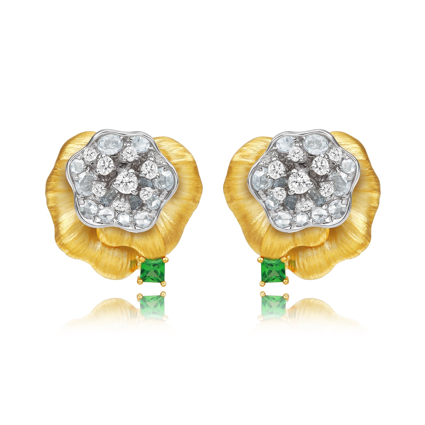 18K Yellow Gold Hibiscus Flower Designer Diamond  Earrings