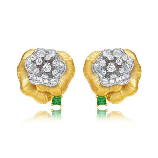 18K Yellow Gold Hibiscus Flower Designer Diamond  Earrings