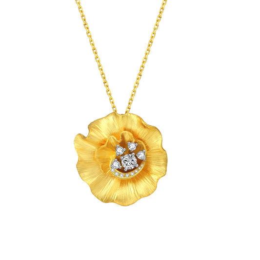 18K Yellow Gold Hibiscus Flower Designer Diamond  Necklace