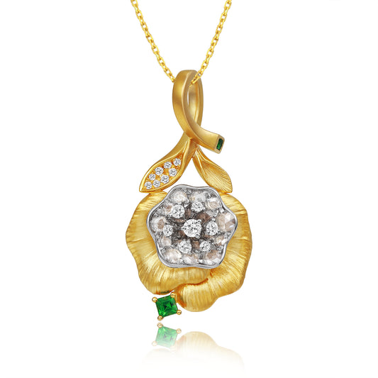 18K Yellow Gold Hibiscus Flower Designer Diamond & Emerald Pendant