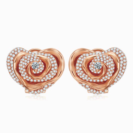 18K Gold Diamond Heart Rose Flower Earrings