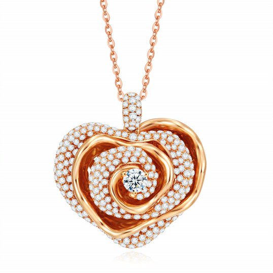 18K Gold Diamond Rose Flower 3D Heart Pandent