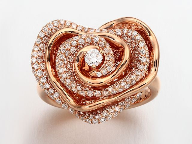 18K Gold Diamond Heart Rose Flower Ring