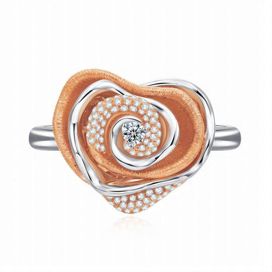 18K Gold Diamond 3D Heart Rose Ring